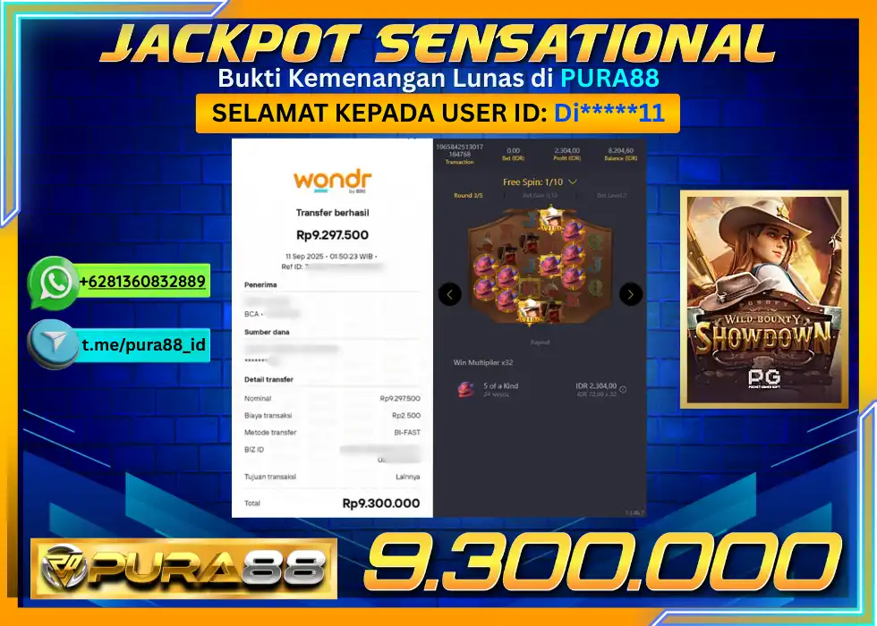PURA88 JACKPOT SENSATIONAL WILD BOUNTY SHOWDOWN Rp 9.300.000,- LUNAS