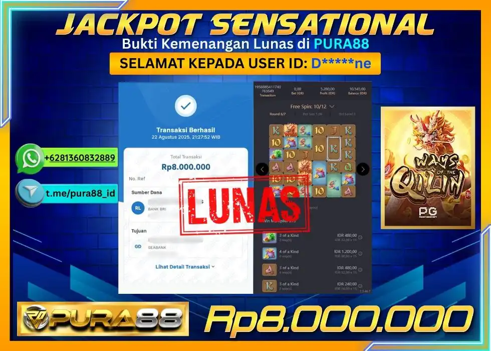 PURA88 JACKPOT SENSATIONAL WAYS OF THE QILIN Rp 8.000.000,- LUNAS