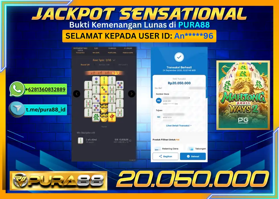 PURA88 JACKPOT SENSATIONAL MAHJONG WAYS 2 Rp 20.050.000,- LUNAS